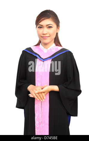 Le donne di graduazione con grado soddisfare su sfondo bianco Foto Stock