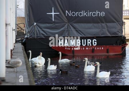 Cigni nuotano vicino la cosiddetta Chiesa del nord nave, che giace all'interno lago Alster presso la piazza del municipio di Amburgo, Germania, 29 aprile 2013. La Chiesa del nord nave è un luogo che offre informazioni su eventi e del congresso chiesa 2013. La trentaquattresima edizione tedesca chiesa protestante Congresso si svolge tra il 01-05 maggio 2013. Foto: BODO SEGNA Foto Stock