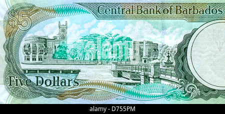 Barbados 5 di Cinque Dollari nota banca Foto Stock