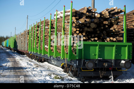 Ferrovia flat auto pieno di abete rosso log log in treno , Finlandia Foto Stock