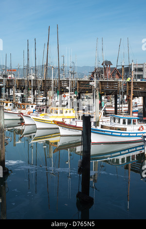 Barche da pesca Fisherman's Wharf San Francisco California // SAN FRANCISCO, California, Stati Uniti - colorate barche da pesca in legno riposano al loro ormeggio nella Fisherman's Grotto, adiacente al famoso Fisherman's Wharf di San Francisco. Questa pittoresca scena cattura il patrimonio marittimo duraturo della zona, mostrando i tradizionali pescherecci sullo sfondo di una delle destinazioni turistiche più popolari della città, dove si intersecano l'industria della pesca e il turismo. Foto Stock