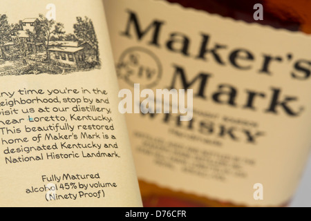 Maker's Mark Whiskey con la sua originale 45% di alcol per volume (90) a prova di contenuto. Foto Stock