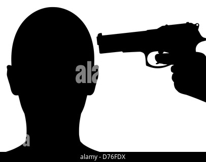 Illustrazione di una persona con una pistola rivolta alla loro testa Foto Stock