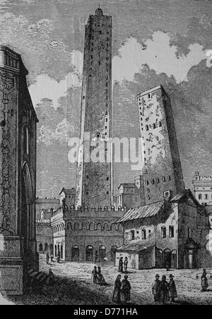 La inclinazione torri di Bologna, Italia, storico xilografia, circa 1870 Foto Stock