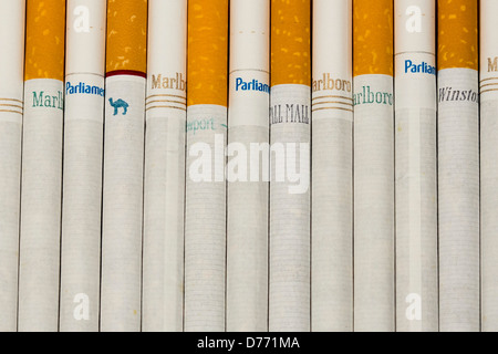 Varie sigarette allentati. Marlboro, Pall Mall, Winston, cammello, Parlamento, Newport, spirito americano. Foto Stock