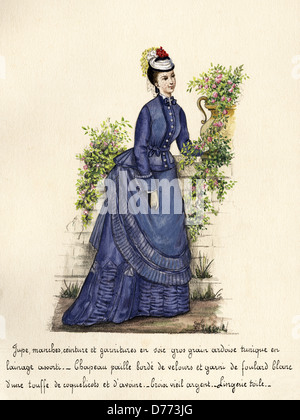 Moda francese dall'era vittoriana circa 1870s. Acquerello originale pittura con la descrizione del progetto in lingua francese artista sconosciuto Foto Stock