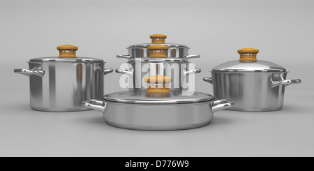 Set di pentole in acciaio inox Foto Stock