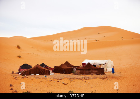 Bedouin campo nomadi in dune di sabbia Erg Chebbi interno deserto del Sahara in Marocco Foto Stock