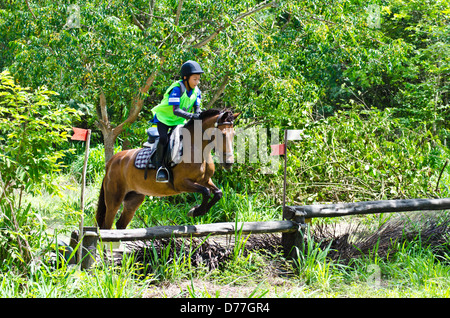 Equestre non identificato con cavallo al XI Concorso Coppa Nawamintr "Queen's Cup' il 27 aprile 2013 a Chon Buri, Thailandia. Foto Stock