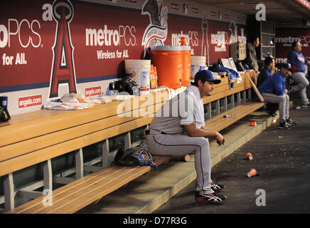 Yu Darvish (rangers), 24 aprile 2013 - MLB : Yu Darvish del Texas Rangers siede in panchina durante la partita di baseball contro il Los Angeles Angeli a Angel Stadium di Anaheim, California, Stati Uniti. (Foto di AFLO) Foto Stock