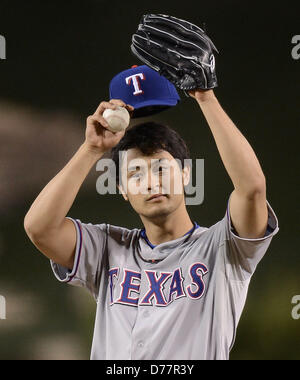 Yu Darvish (rangers), 24 aprile 2013 - MLB : lanciatore Yu Darvish del Texas Rangers durante la partita di baseball contro il Los Angeles Angeli a Angel Stadium di Anaheim, California, Stati Uniti. (Foto di AFLO) Foto Stock