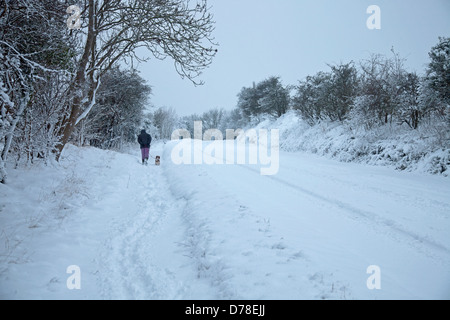 Passeggiate con il cane in una fredda giornata invernale e Foto Stock