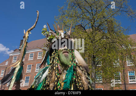 Londra, Regno Unito. Il 1 maggio 2013. Membri del Jack Deptford nel verde danza da pub a pub a Greenwich per contrassegnare l'inizio della primavera. I partecipanti vestono i tradizionali facce verdi e fogliame, una tradizione dal XVII secolo custom di milkmaids andando fuori il giorno di maggio con gli utensili dei loro scambi decorate con ghirlande e ammucchiati in una piramide che portavano sulle loro teste. Credito: RichardBakerNews / Alamy Live News Foto Stock