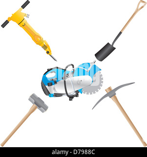 Un jack Hammer,Pietra visto,Pala,Pick Ax,e la mazza Foto Stock