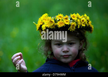 Bambina angelo con una corona di denti di leoni Foto Stock