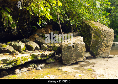 I grandi blocchi di calcare, parte dell'Hollin formazione nella parte orientale dell'Ecuador accanto a un fiume nella foresta pluviale Foto Stock