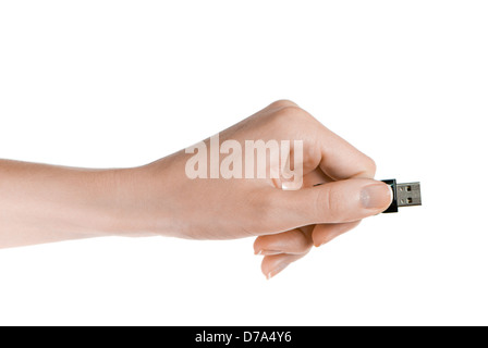 Unità Flash in mano donna isolato su sfondo bianco Foto Stock