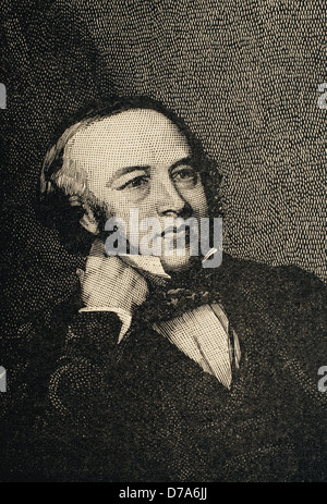 Sir Rowland Hill (1795-1879). Insegnante e creatore del primo British francobollo nella storia: il Penny Black. Incisione. Foto Stock