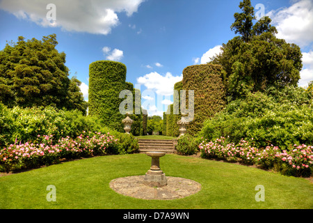 Giardino di Rose e di confine con la topiaria da arbusti e meridiana di Cheshire, Inghilterra. Foto Stock