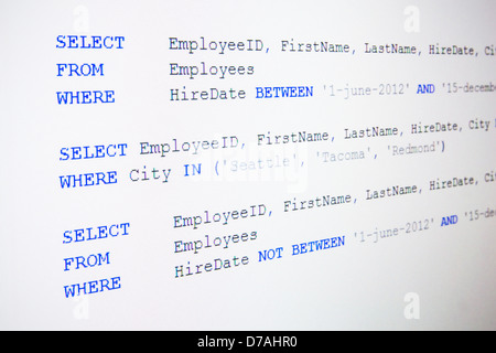 Codice di sintassi SQL su schermo LCD Foto Stock