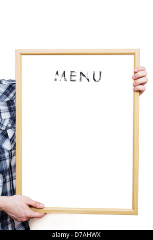 Uomo con una casella vuota white board, che mostra un menu vuoto Foto Stock