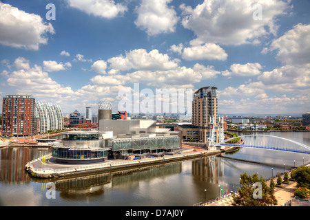 Vista panoramica di Manchester a Salford Quays, England, Regno Unito Foto Stock