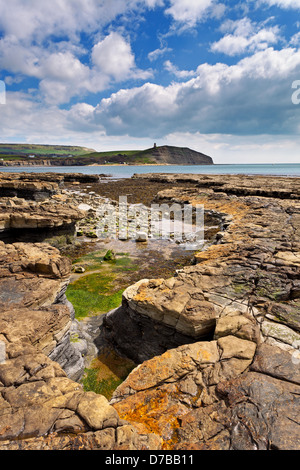 Kimmeridge Bay nel Dorset preso dal lato ovest con la bassa marea guardando attraverso la baia verso Clavell Tower Foto Stock