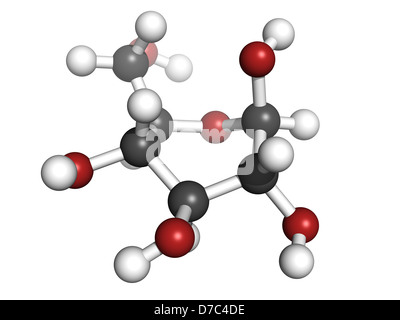 Glucosio (beta-D-glucosio, zucchero d'uva, destrosio) molecola, struttura chimica. Gli atomi sono rappresentati come sfere Foto Stock