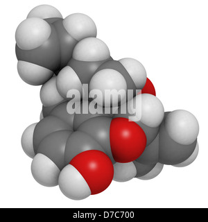 Nalmefene alcolismo farmaco di trattamento, modello molecolare. Gli atomi sono rappresentati come sfere convenzionale con codifica a colori Foto Stock