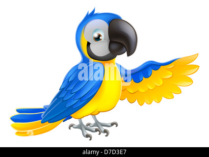 Un blu e giallo macaw parrot rivolta o mostrando qualcosa con la sua ala Foto Stock