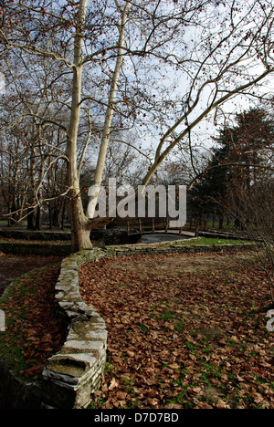 Muro di pietra vicino al percorso pedonale e laghetto in autunno il giorno, albero sfrondato e ponte in background, foglie secche in primo piano. Foto Stock