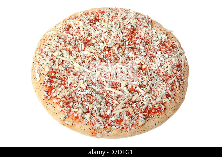 Pizza congelata su sfondo bianco. Foto Stock