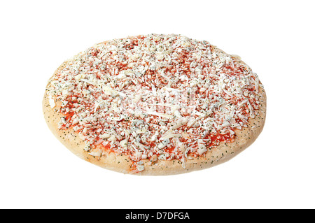 Pizza congelata su sfondo bianco. Foto Stock