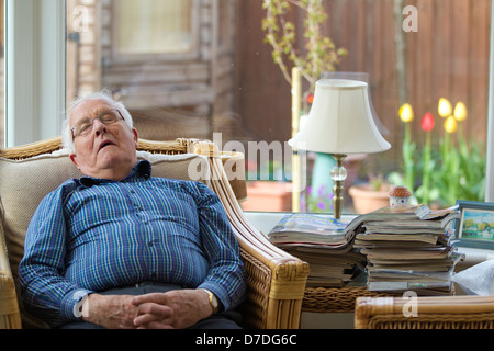 80 anno vecchio snoozing nel suo Conservatorio durante il pomeriggio, England, Regno Unito Foto Stock