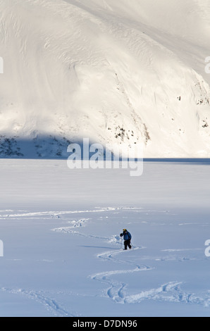 Sci di fondo su un lago ghiacciato in Alaska. Foto Stock