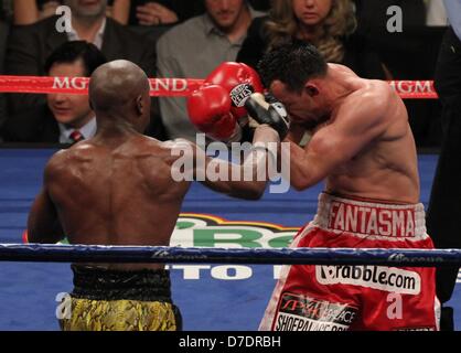 Las Vegas, Nevada, USA. Il 4 maggio, 2013. Floyd ''Strumenti'' Mayweather (oro/blk trunk) e Robert ''Il fantasma" Guerrero (rosso/bianco trunk) battaglia per il WBC welterweight del campionato mondiale il 4 maggio 2013 a MGM Grand Garden Arena di Las Vegas, Nevada. Mayweather permetterebbe di mantenere il suo titolo con una decisione unanime della giuria. (Immagine di credito: credito: Craig Durling/ZUMAPRESS.com/Alamy Live News) Foto Stock