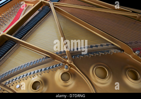 Tavola armonica, stringhe e arpa di un pianoforte a coda. Foto Stock