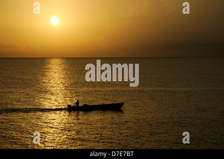 Barca da pesca in mare al tramonto Foto Stock