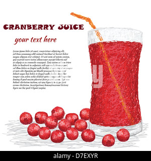 Primo piano illustrazione di mirtilli rossi freschi e un bicchiere di succo di mirtillo palustre isolato in whtie sfondo. Foto Stock