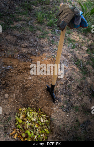 Foto di guanti su una pala e il compost in un foro Foto Stock