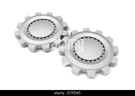Modello 3D degli ingranaggi e dei cuscinetti a sfere collegati su sfondo bianco Foto Stock