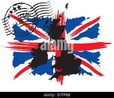 Bandiera,inglese,mappa,l'Inghilterra,UK,farà fede il timbro postale,nazione,membro,silhouette,gran bretagna,l'Europa,isola,regina,blu, rossa Foto Stock