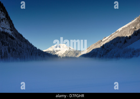 Vista su un paesaggio di montagna con un lago ghiacciato e la nebbia, Lac de Montriond, Haute Savoie, Francia. Foto Stock