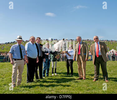 Shrewsbury, Shropshire, Regno Unito. Il 6 maggio 2013. James Tanner, John Hales, proprietario della NC, Nick Bostock (BHA giudice che ha chiamato vincitore NC @ Eglinton e Area NW PTP Segretario) Lisa Hales, figlia di John, Beckie Smillie, NC lo sposo, Eyton gare Presidente Phil Jones e Frank Cornes.... Un modo meraviglioso per festeggiare 90 anni a Eyton - in sole splendente, paraurti folla gustando ottimi racing. Per la famiglia di Hales di parata Neptune Collonges era davvero speciale. Siamo stati così grati a tutti per il loro costante sostegno Credito: RICHARD DAWSON / Alamy Live News Foto Stock