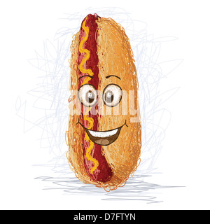 Happy hotdog panino personaggio dei fumetti sorridente. Foto Stock