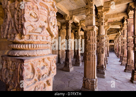 Pilastri indù a Qutb Minar a Delhi, India Foto Stock