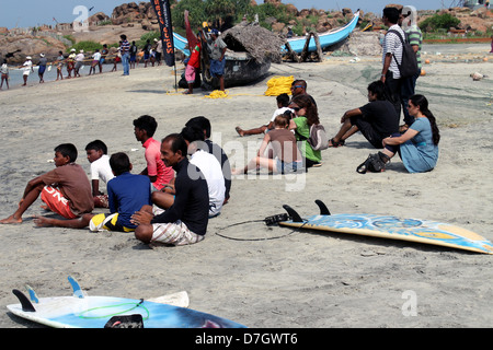 Una scena da Spice Coast India surf e SUP Championship, Kovalam Beach, Kerala, India Foto Stock