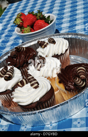 Picnic dessert di tortine e fragole Foto Stock