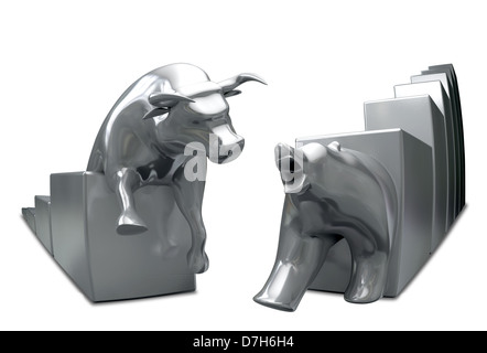 Bull e recare le tendenze economiche statuette avvicinandosi reciprocamente su un sfondo isolato Foto Stock