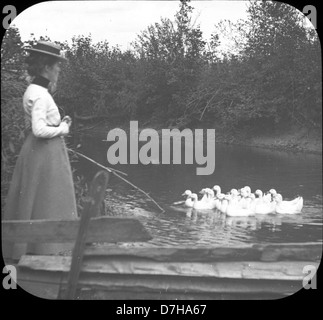 Questa immagine, tratta dalla Herman Bohlman Collection, mostra Maud Bohlman con un gregge di anatre. La foto fa parte dell'OSU Archives, che documenta la vita quotidiana e il rapporto tra persone e animali in contesti storici. Foto Stock